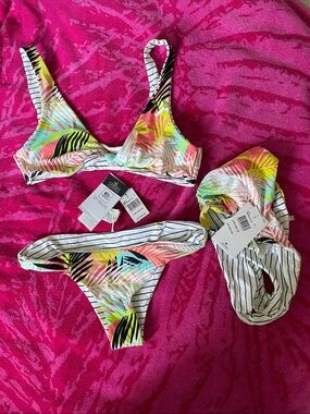 Striped Tropical Print Bikini Set with Cover-up by Rip Curl Reversible